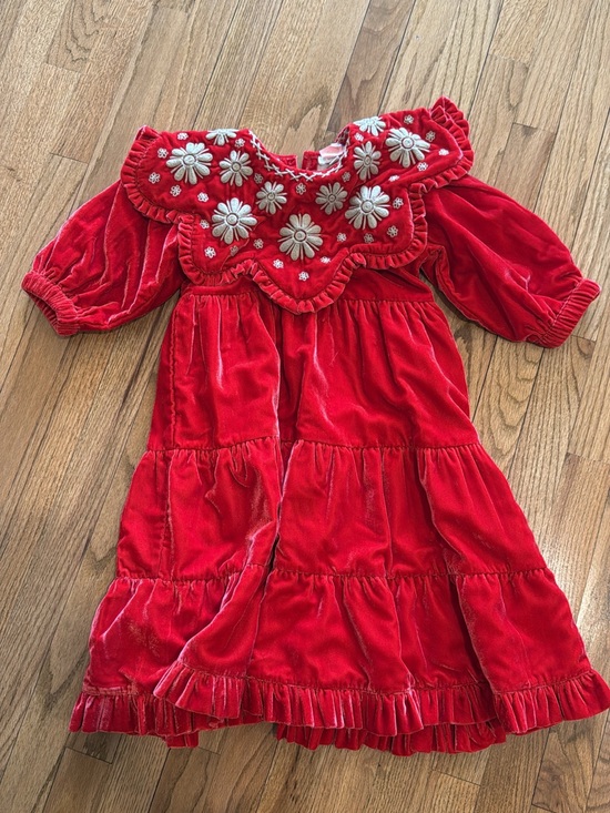 bonjour Other - Red Velvet Tiered Dress with Embroidered Floral Yoke - Kids